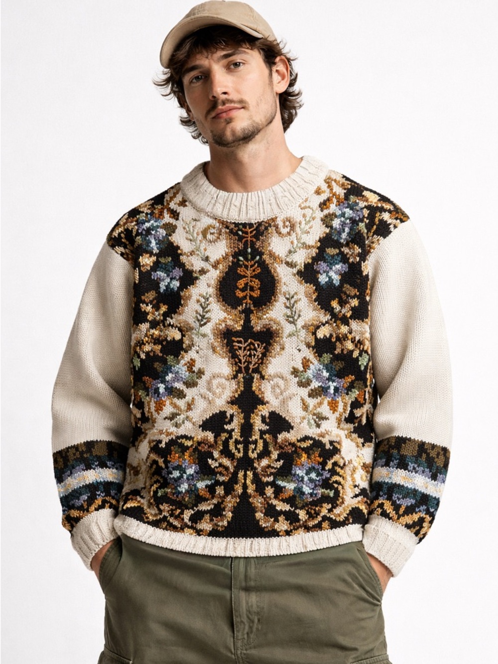 John Henry‎ Vintage Floral Tapestry Knit Sweater Men M Cream Ramie Cotton 90s